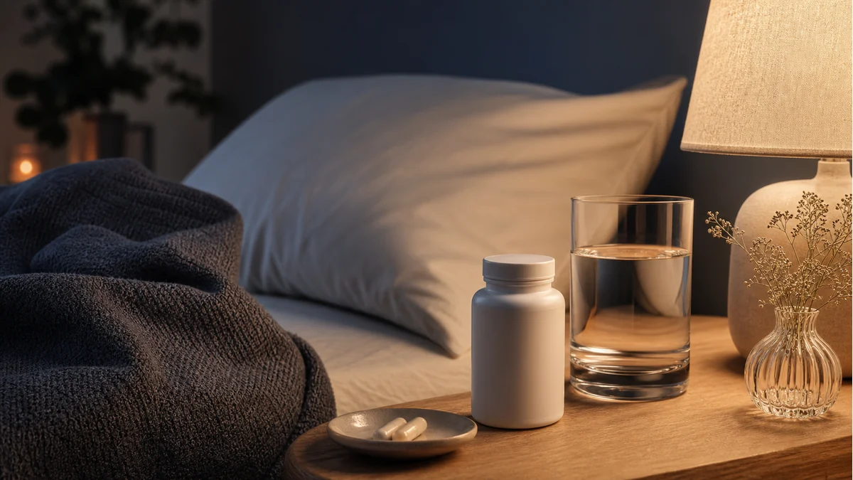 Nachttisch mit Wasserglas und gedimmtem Licht als Symbol für die abendliche Routine bei medizinischer Schlafapnoe-Behandlung