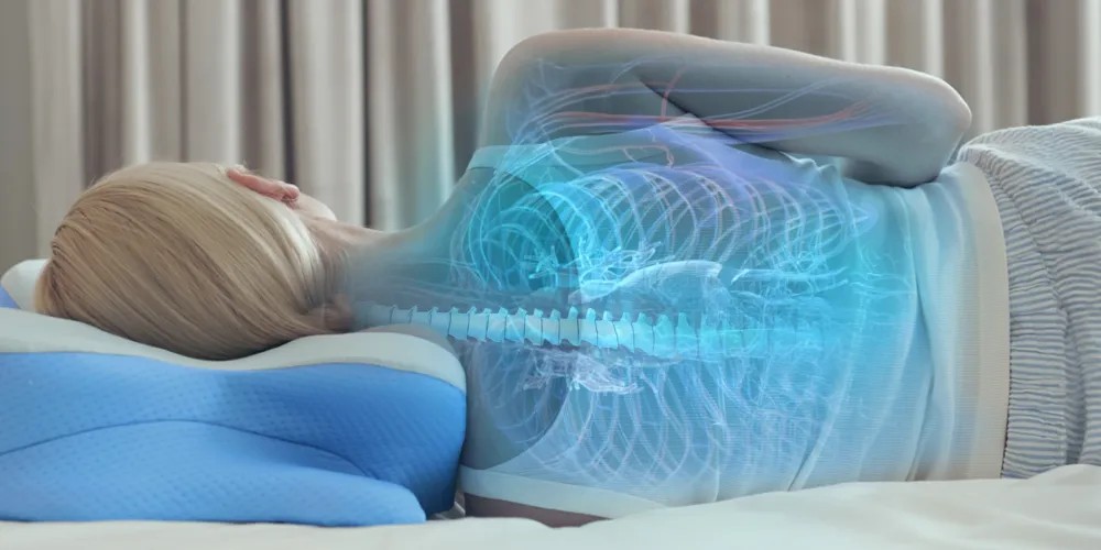 Frau schläft auf ergonomischem Kissen mit Illustration von Wirbelsäule und Atemwegen als Symbol für Schlafapnoe und Kopf-Nacken-Ausrichtung