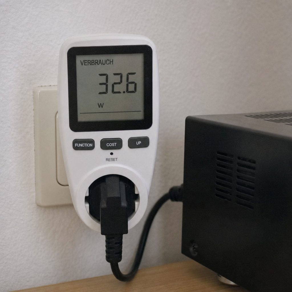 Steckdosen-Energiemessgerät zeigt den aktuellen Stromverbrauch eines angeschlossenen Geräts in Watt an
