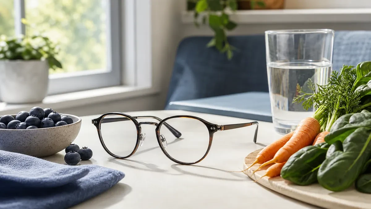 Augengesundheit: Brille mit Blaubeeren, Karotten und Blattgemüse im hellen Zuhause