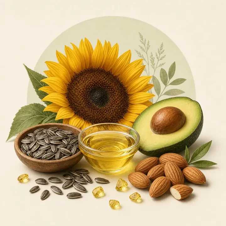 Vitamin E: natürliche Quellen und redaktionelle Nährstoffdarstellung