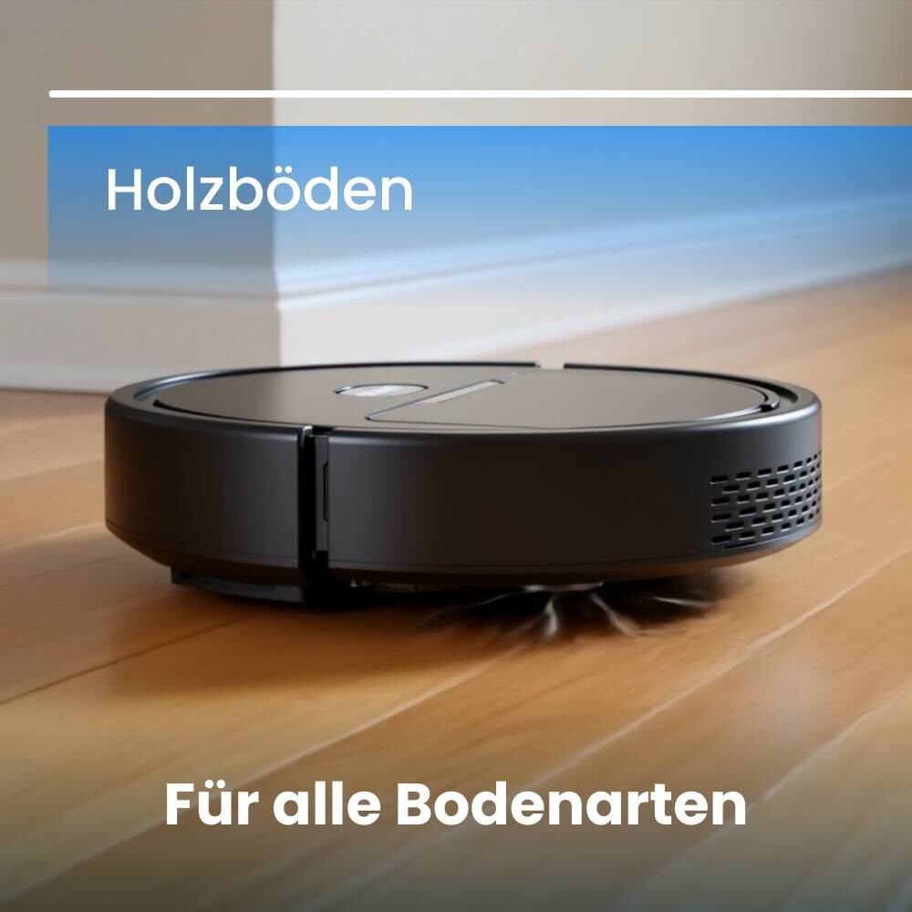 DustaPro Saugroboter, Finger drückt den Startknopf auf Holzboden