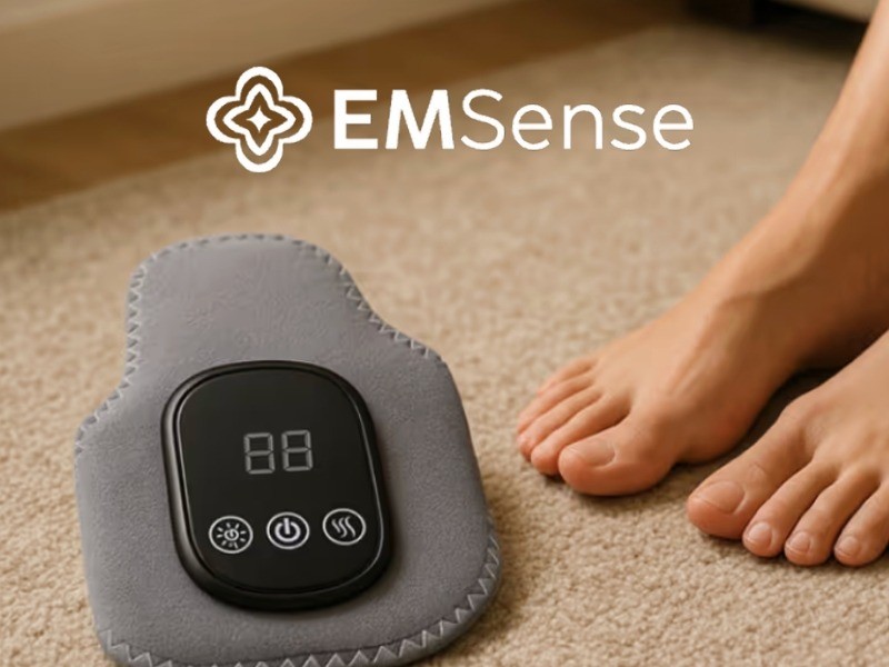 EMSense Fußmassagegerät zu Hause neben entspannten Füßen
