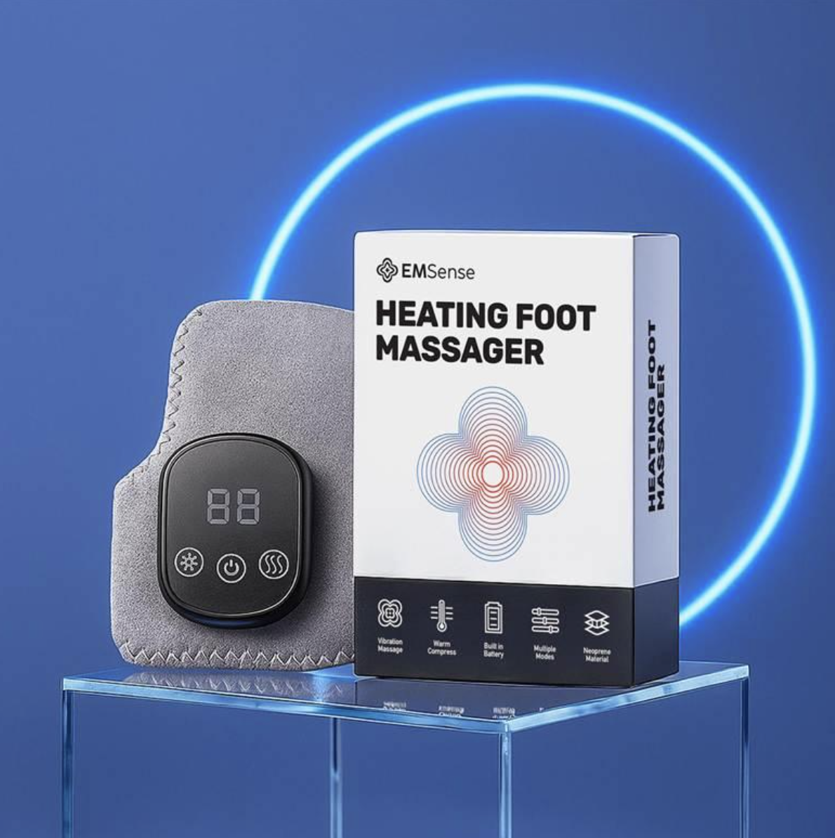 EMSense Heating Foot Massager Verpackung mit Hinweis auf Massage, Wärme und mehrere Modi
