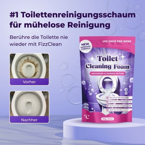 FizzClean Reinigungspulver mit Vorher-Nachher-Darstellung für die Toilettenpflege