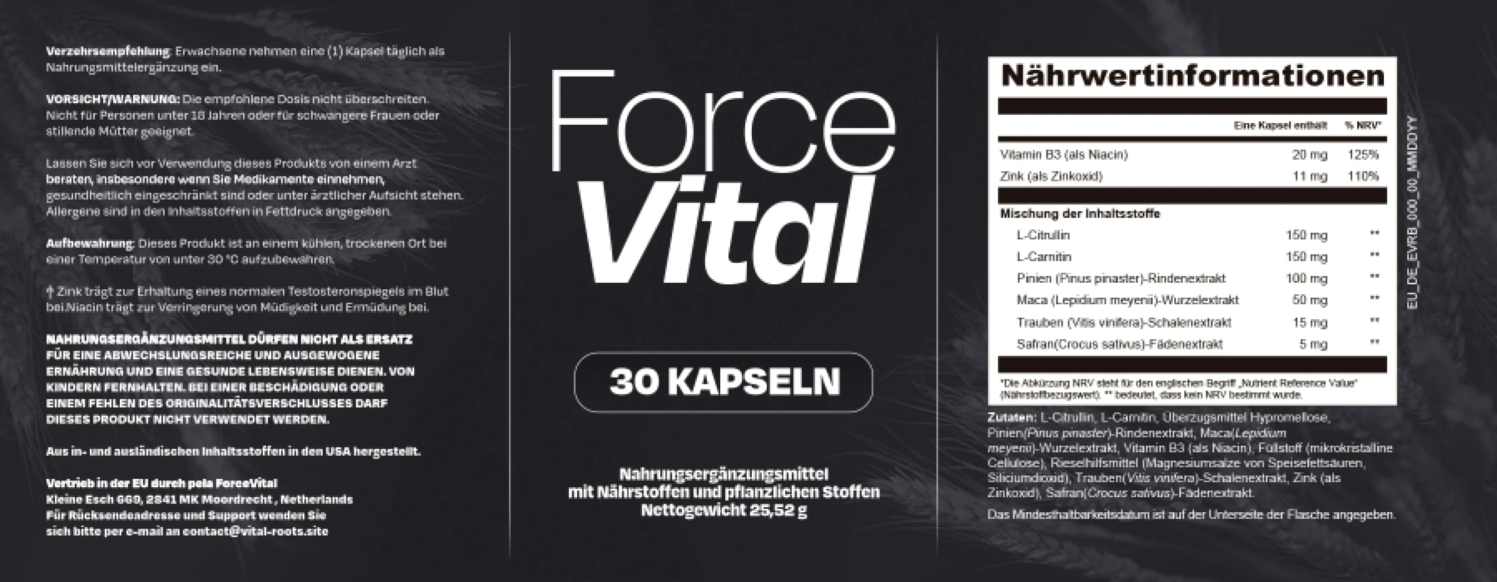 ForceVital – Etikett mit Nährwertinformationen und Zutatenliste (Zink, Niacin, L-Citrullin, L-Carnitin, Maca)