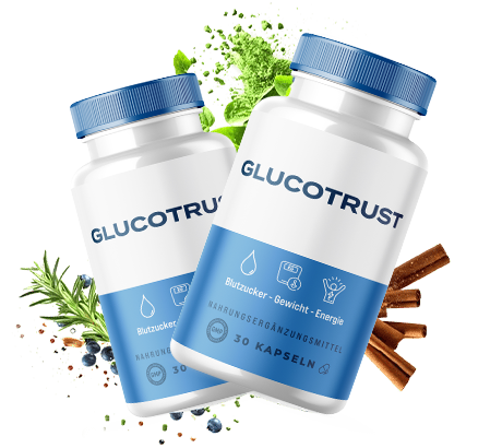 GlucoTrust Verpackung, zwei Flaschen mit der Aufschrift Blutzucker, Gewicht, Energie