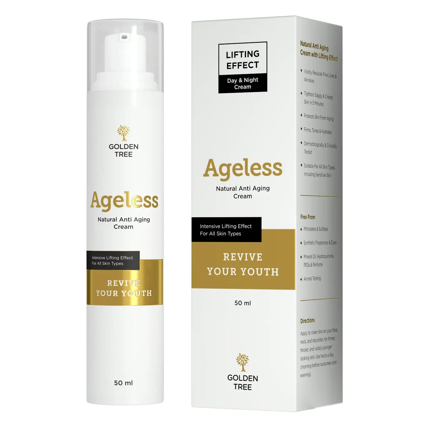 Golden Tree Ageless Creme im 50-ml-Spender mit Produktverpackung