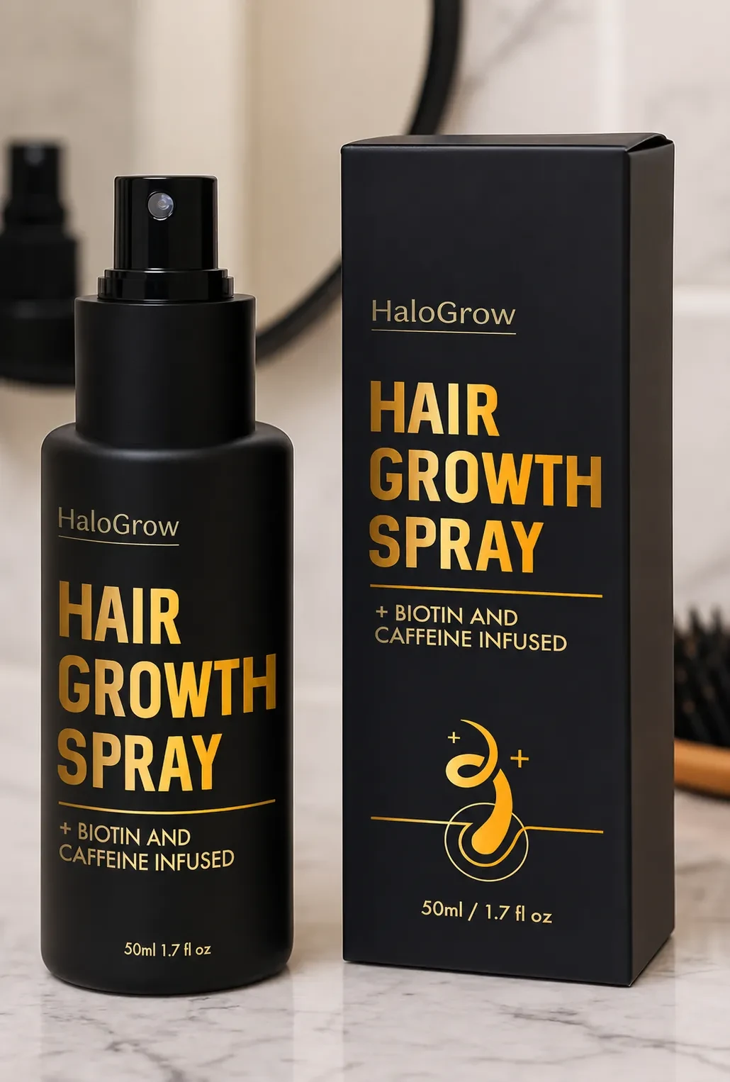 HaloGrow HairSpray in der 50-ml-Flasche mit Biotin und Koffein für die tägliche Kopfhaut-Routine