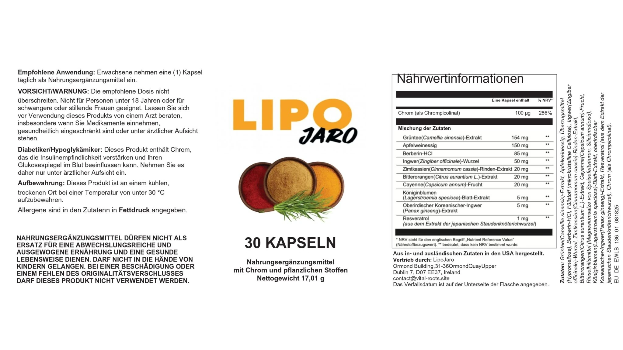 LipoJaro – Etikett mit Nährwertinformationen und Zutatenliste (u. a. Chrom)