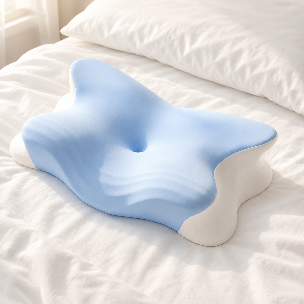 Melara Pillow ergonomisches Memory-Foam-Kissen in Blau und Weiß auf einem Bett