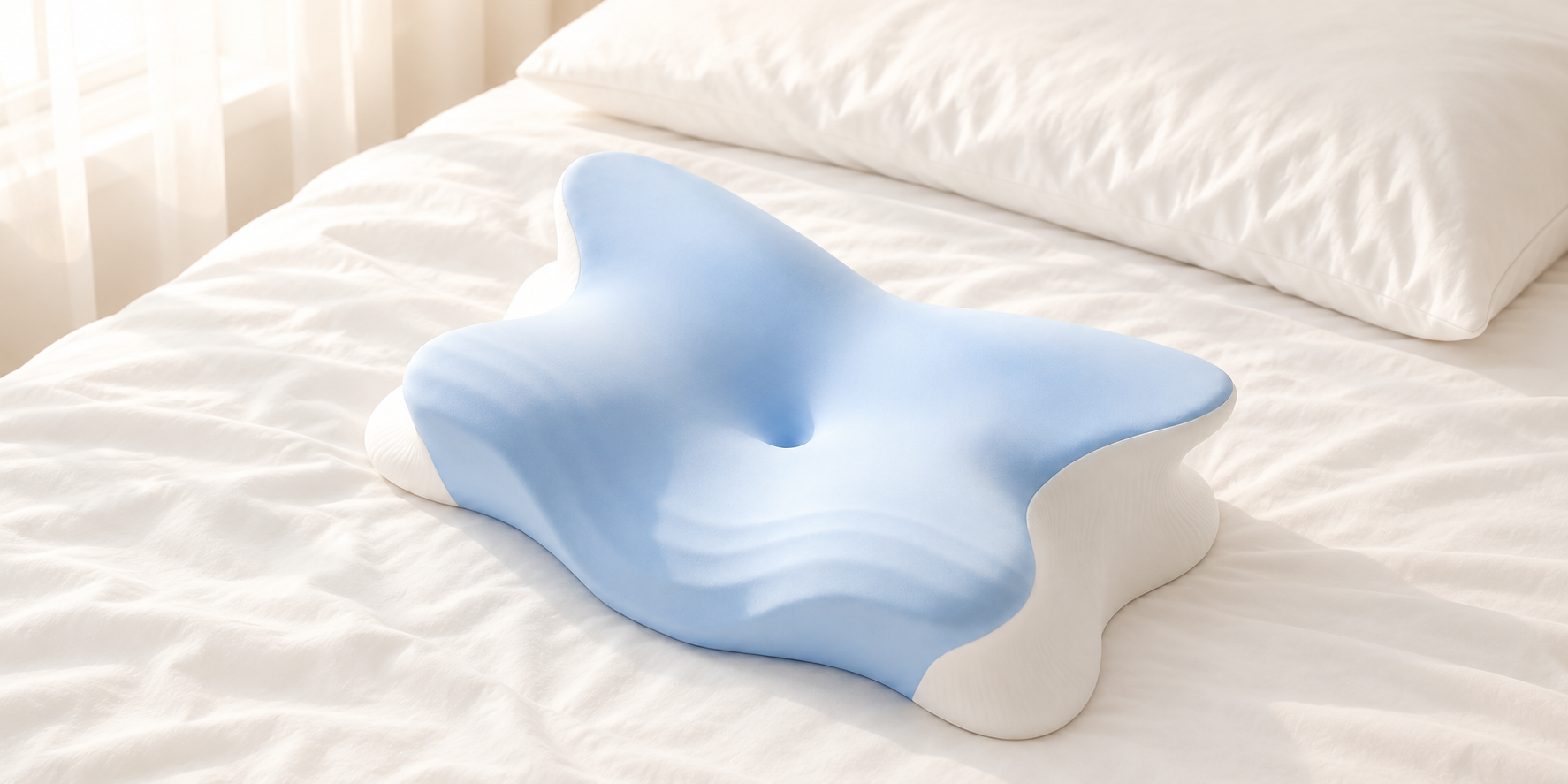 Melara Pillow Komfortkissen mit geschwungener Form auf weißer Bettwäsche