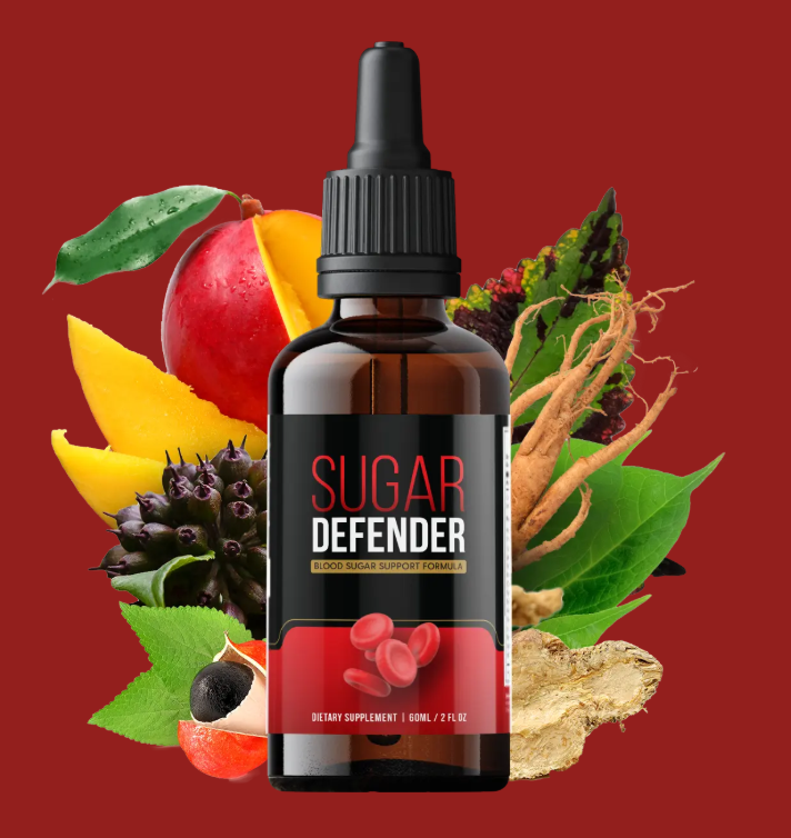 Sugar Defender Tropfflasche mit Blutzucker-Support-Formel vor rotem Hintergrund