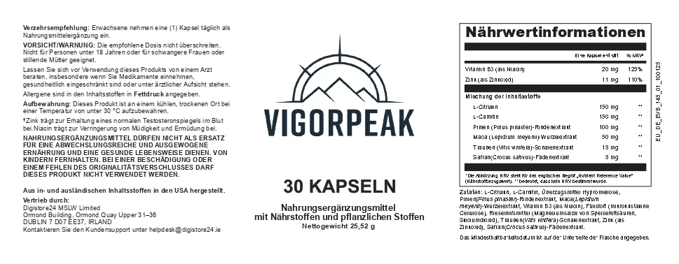 Vigor Peak – Etikett mit Nährwertinformationen, Zutatenliste (Zink, Niacin, L-Citrullin, L-Carnitin, Maca) und Dosierungsempfehlung