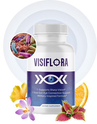 VisiFlora Nahrungsergänzung mit Darstellung von Darmbakterien und Augensymbol auf der Verpackung